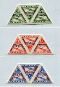 LATVIA 1931 AIR MAIL OVERPRINTS CB3a-CB5a IMPERF IN STRIPS OF THREE PERFECT MNH
