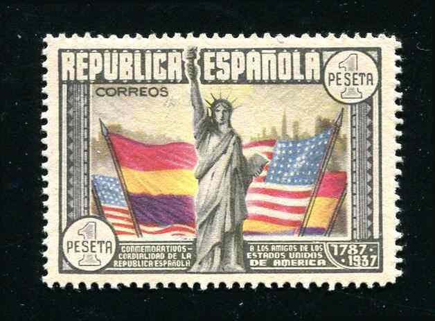 Spain Sc 585 1938 Statue of Liberty & Flags F-VF Crease Mark On Gum