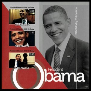 Grenada 2011 - Barack Obama - Sheet of 3 IMPERF Stamps - Scott #3842 - MNH