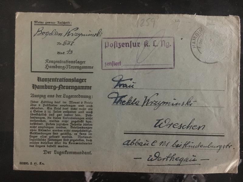 1940s Germany Neuengamme Concentration Camp Cover to Wreschen KZ