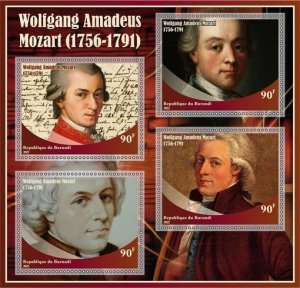 Stamps. Music by Wolfgang Mozart 2022 year 1+1 sheets perf Burundi