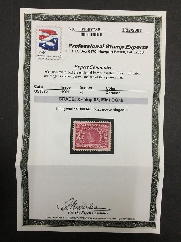 US #370 MINT OG NH **PSE GRADED CERT XF-SUP 95** SMQ $120 LOT #1123