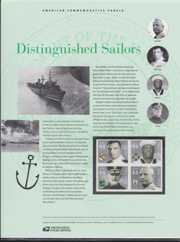 US 847 44c Distinguished Sailors 4440-4443 USPS Commemorative Stamp Panel 