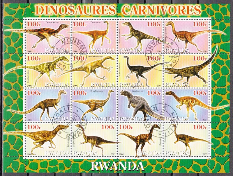 Rwanda, 2001 Cinderella issue. Carnivore Dinosaurs, sheet of 16. Canceled.