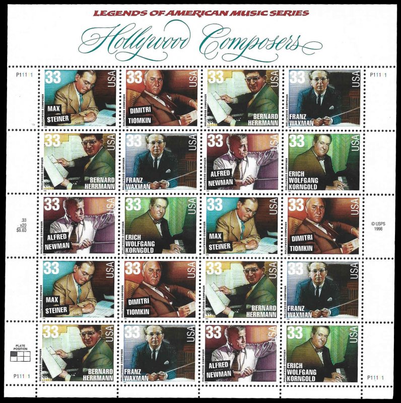 PCBstamps       US #3339/3344 Sheet $6.60(20x33c)Hollywood Composers, MNH, (2)