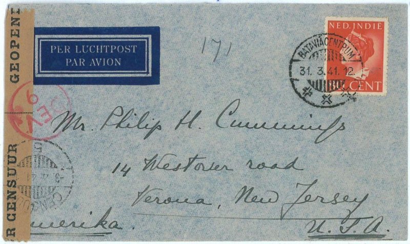 93724 - DUTCH INDIES  - POSTAL HISTORY - CENSORED Airmail  COVER to USA  1941