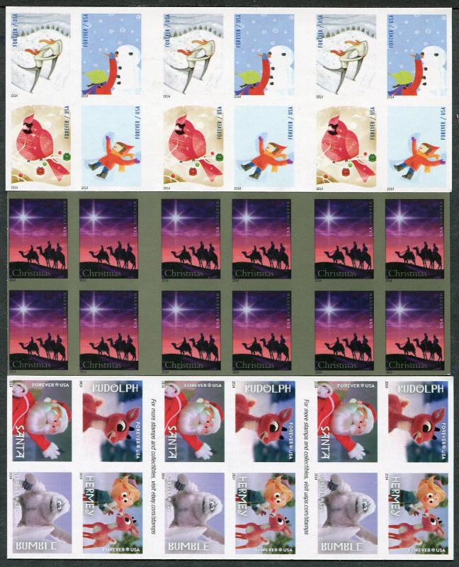 IMPERF 2014 Forever Stamp Booklets - One Each Winter Fun Rudolph Christmas Magi