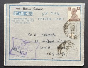 INDIA GVI SG273, 4a brown, USED. 1944 air letter to England with RAF censor