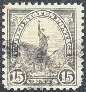 USA SC# 566, 1922-25, 15 c, Statue of Liberty, Flat Plate Printing, Used, F-VF
