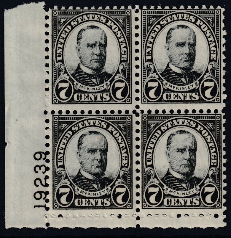 U.S. Sc# 639 1927 William McKinley 7¢ plate number 19239 blk MNH CV $20.00