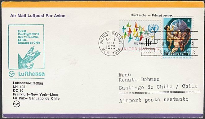 USA 1975 Lufthansa first flight cover to Santiago Chile.....................F954