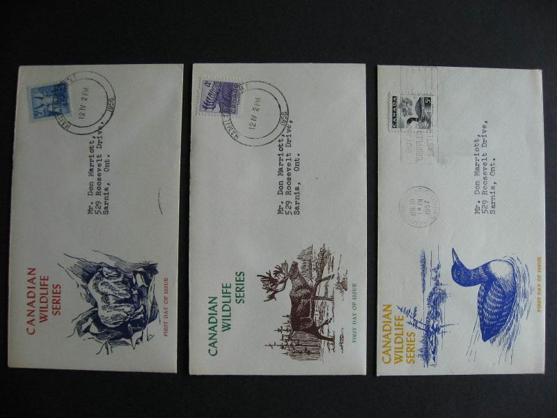 Canada unknown cachet 3 FDC first day covers,Sc 360-1, 369 goat, caribou, loon