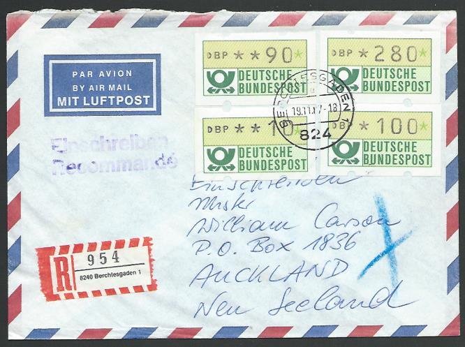 GERMANY 1987 Registered airmail cover to New Zealand - nice franking.......11269