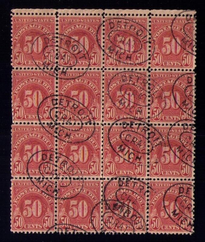 US 1931 Sc #J86 Postage Due 50c Center Block Of Sixteen (16) Stamps VF