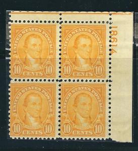 US 642 Plate Block of 4 10c Yellow Monroe MNH Fine 1926 SCV $22.50 est