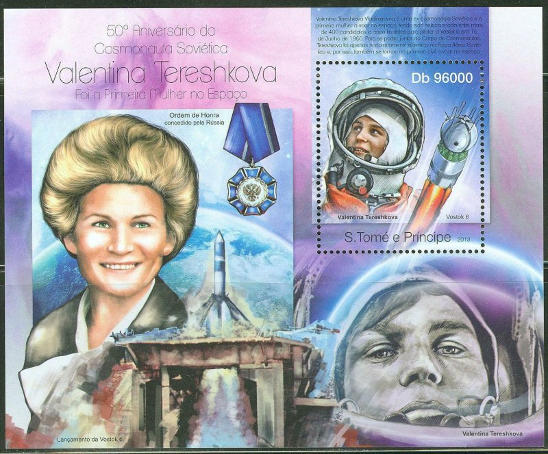 SAO TOME 2013  50th ANNIVERSARY FIRST SOVIET COSOMONAUT VALENTINA TERESHKOVA NH