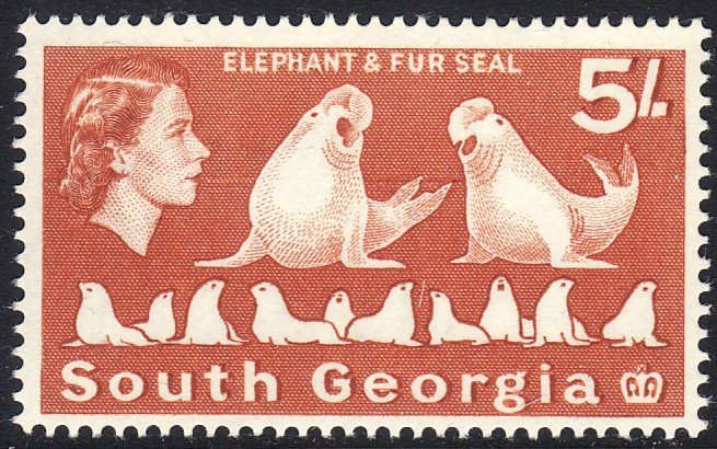 1963-69 South Georgia QE portrait Elephant & Fur Seal 5/ MLH Sc# 13 CV $14.50