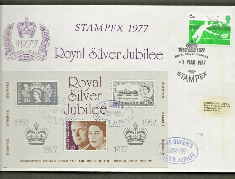 GB EXHIBITION SOUVENIR SHEET STAMPEX 1977-ROYAL SILVER JUBILEE FDC -RARE 