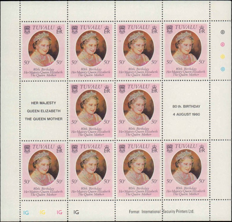 Tuvalu #137, Complete Set, Sheet of 10 + Labels, 1980, Royalty, Never Hinged