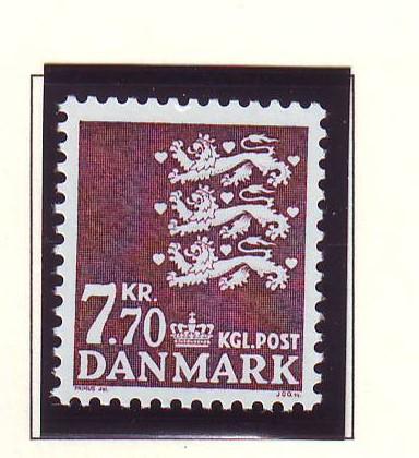 Denmark Sc 809 1989 7.70 kr  dark brown violet 3 lions stamp mint NH