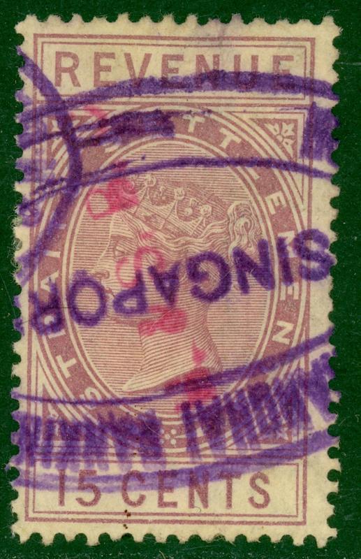 STRAITS SETTLEMENTS 1882 15c Purple QV Revenue Bft 21 VFU H&S BANK Cxl