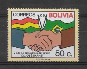 BOLIVIA 1988 VISIT OF PRESIDENT OF BRAZIL JOSÉ SARNEY FLAGS HANDS SC 770 MNH