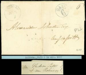 1827 AUG 1 BATH MAINE CDS, PAID 6 in Circle & MS 6 -Alexander Johnston Wiscasset