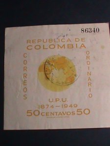 COLOMBIA STAMP- 1950-75TH ANNIVERSARY OF UPU USED IMPERF SHEET VERY FINE