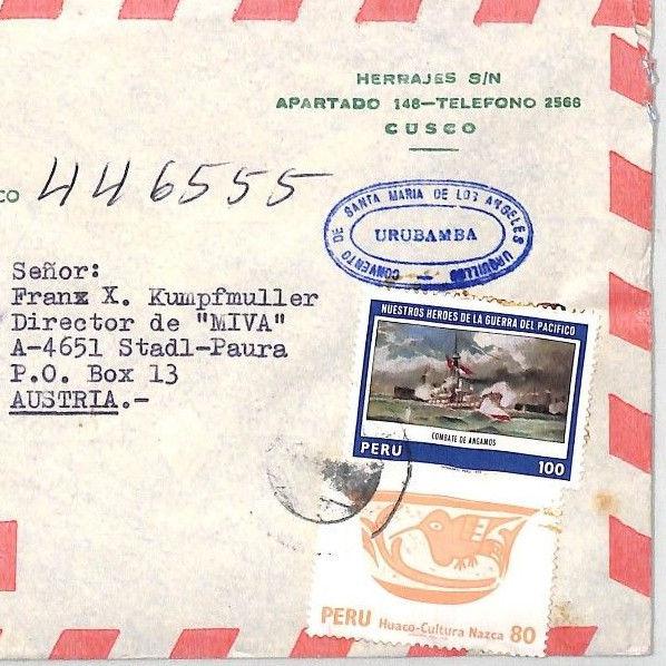 CA349 1980s Peru *URUBAMBA* Violet Cachet Registered Cover MISSIONARY VEHICLES