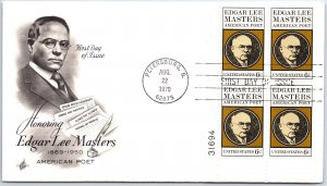 U.S. FIRST DAY COVER EDGAR LEE MASTERS AMERICAN POET PLATE BLOCK OF (4) 1970