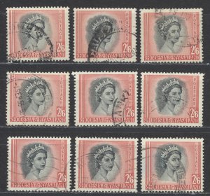 Rhodesia & Nyasaland Sc# 152 Used lot/9 1954-1956 2sh6p QEII Definitives