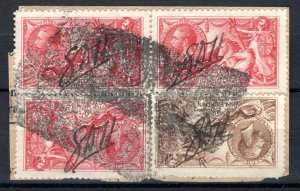 GB KGV TELEGRAPHS Piece High Values SEAHORSE 5s{3} & 2s/6d Roller Cancel SS3980