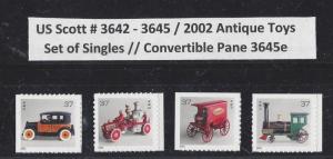 US Scott # 3642 - 3645 / 2002 Antique Toys Set of Singles // Convertible 3645e