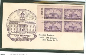 US 838 1938 3c Iowa Territory Centennial (plate block of four) on an addressed (typed) first day cover with a Purcell (1st) cach