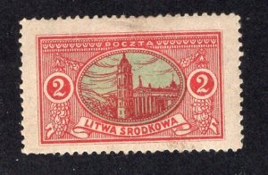 Central Lithuania 1921 2m rose & green Cathedral, Scott 36 Perf 13.5 Variety, MH