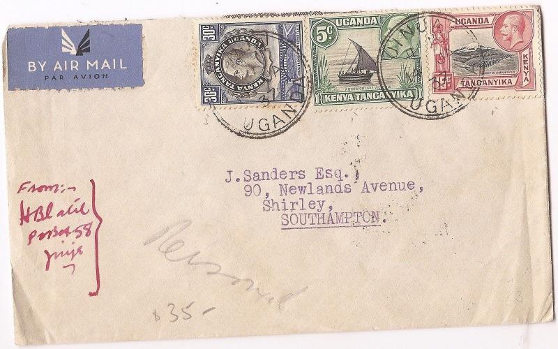 Kenya Uganda & Tang KGV A/M cover (bal)