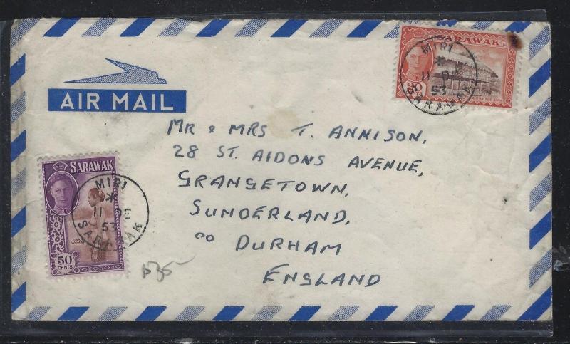 SARAWAK COVER  (PP0706B)    1953 KGVI  50C+20C A/M MIRI TO ENGLAND