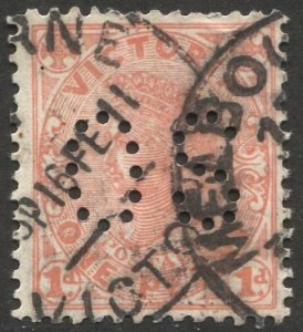 VICTORIA Australia 1901 1d QV, Sc 194, SG 385c Die III, Used, OS Official Perfin