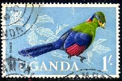 Bird, Ruwenzori Turaco, Uganda stamp SC#105 used