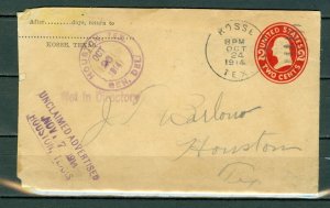 US 1914 UNCLAIMED STATIONERY COVER WITH LETTER... KOSSE to HOUSTON TX