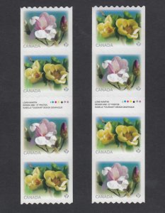 MAGNOLIA = HAND-CUT GUTTER REVERSE -TYPE 1,2 Strips of 4 Coil stamps CANADA 2013