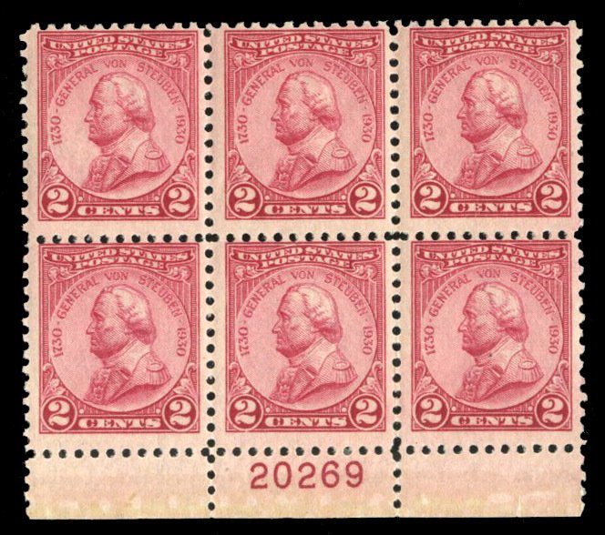 United States, 1910-30 #689 Cat$25, 1930 Von Steuben, plate block of six, nev...