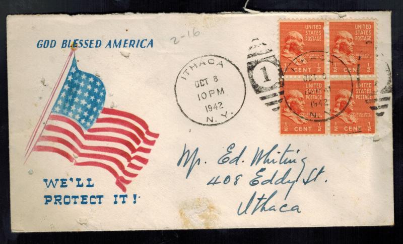 1942 USA Patriotic Cover Ithaca NY American Flag We'll Protect it Block 4 1/2 ct