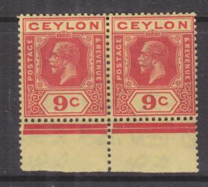 CEYLON, 1921 KGV, Script CA, 9c. Red on Yellow, marginal pair, mnh., lhm. margin