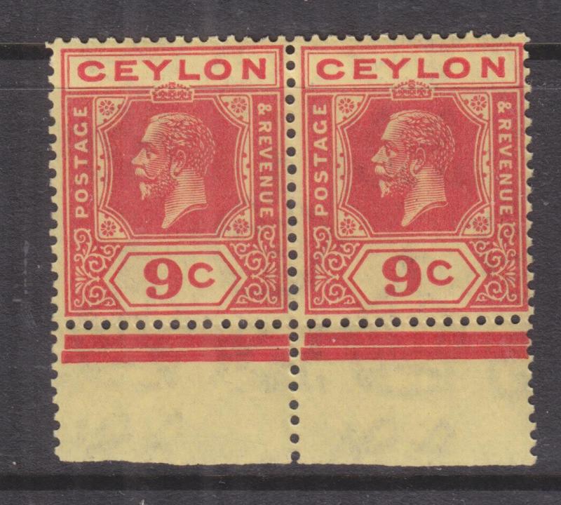 CEYLON, 1921 KGV, Script CA, 9c. Red on Yellow, marginal pair, mnh., lhm. margin