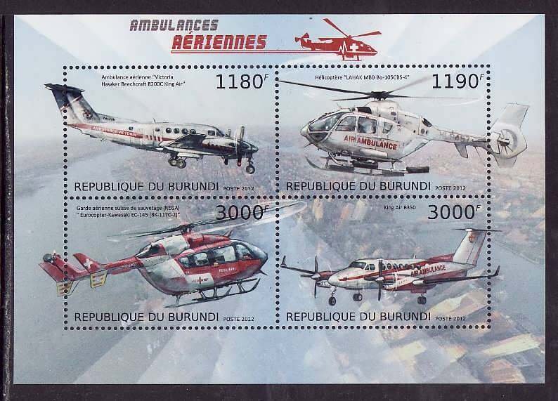 Burundi-Sc#1258- id9-unused NH sheet-Planes-Helicopter-Ambulance-2012-