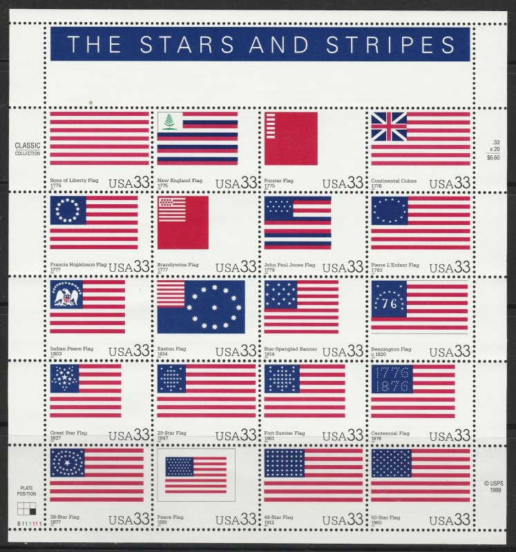 #3403 The Stars and Stripes Pane of 20 MNH $1 Shipping