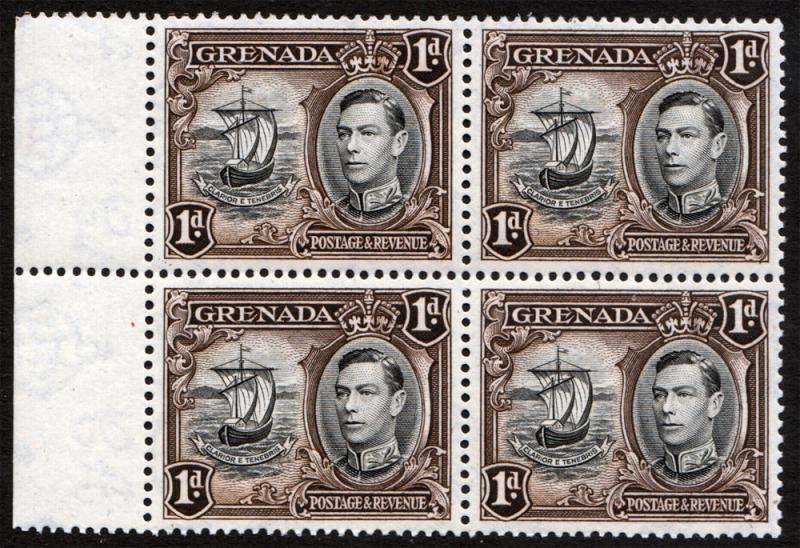 Grenada KGVI 1938 1d Black Sepia SG154a Mint Never Hinged Block x 4 MNH