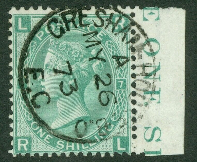 SG 117 1/- green plate 7. Very fine used with a Gresham House CDS, May 26th...