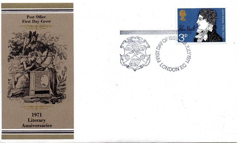 1971 Sg 884 3p Literary Anniversaries John Keats London EC FDC